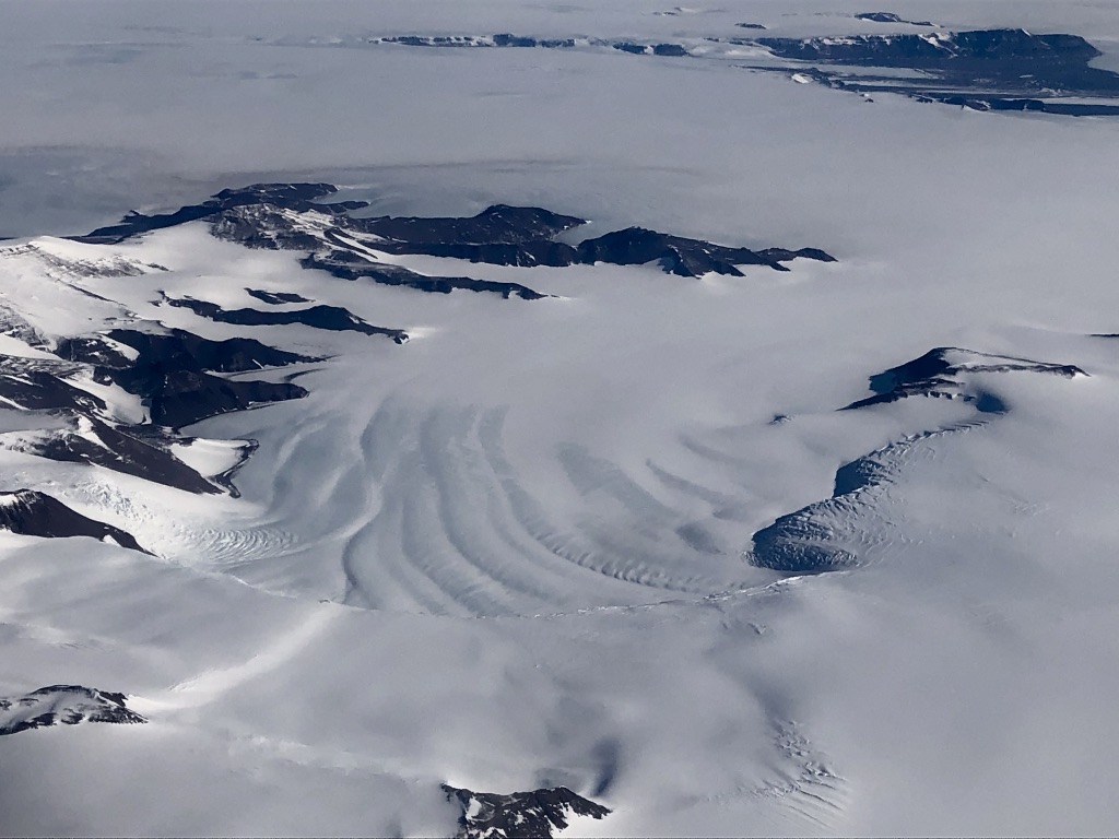 Flyover of Antarctic glacier en route to South Pole.