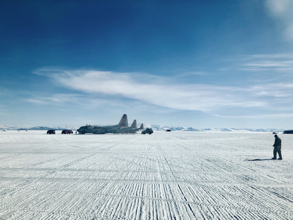 LC-130's resting on ice shelf near McMurdo Station, Antarctica.