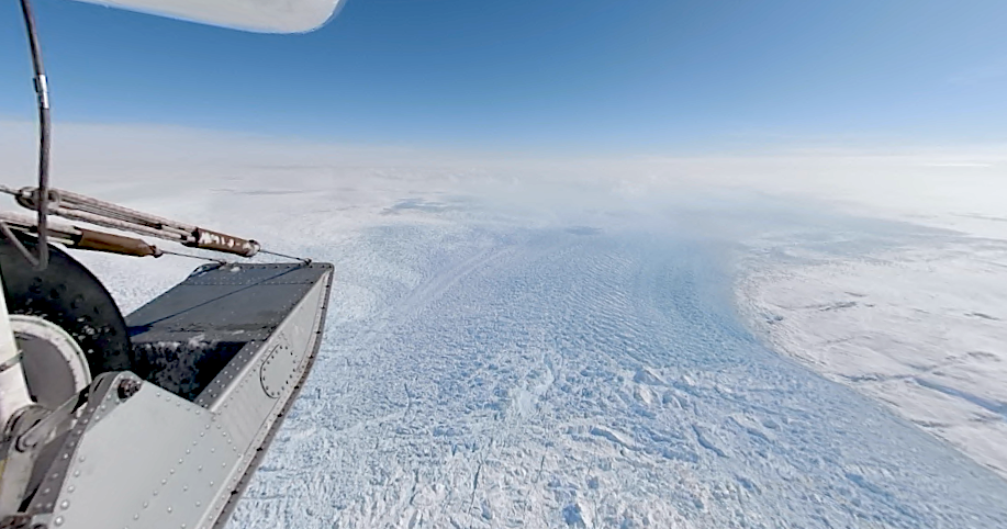 Fast-flowing trunk of Sermeq Kujalleq as seen from a Twin Otter craft.